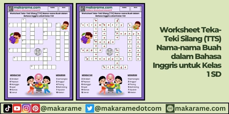 Worksheet Teka-Teki Silang (TTS) Nama-nama Buah dalam Bahasa Inggris untuk Kelas 1 SD