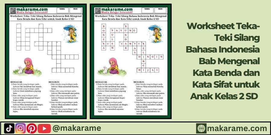 Worksheet Teka-Teki Silang (TTS) Bahasa Indonesia Bab Mengenal Kata Benda dan Kata Sifat untuk Anak Kelas 2 SD