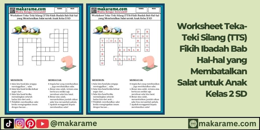 Worksheet Teka-Teki Silang (TTS) Fikih Ibadah Bab Hal-hal yang Membatalkan Salat untuk Anak Kelas 2 SD