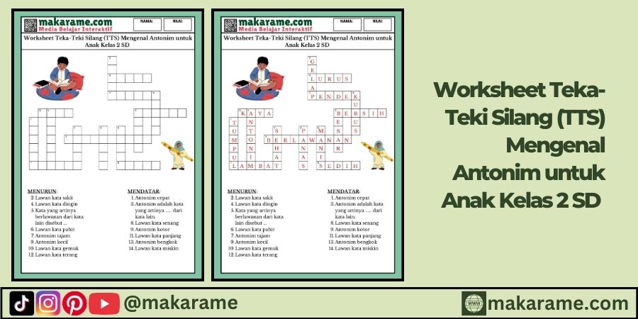 Worksheet Teka-Teki Silang (TTS) Mengenal Antonim Kelas 2 SD