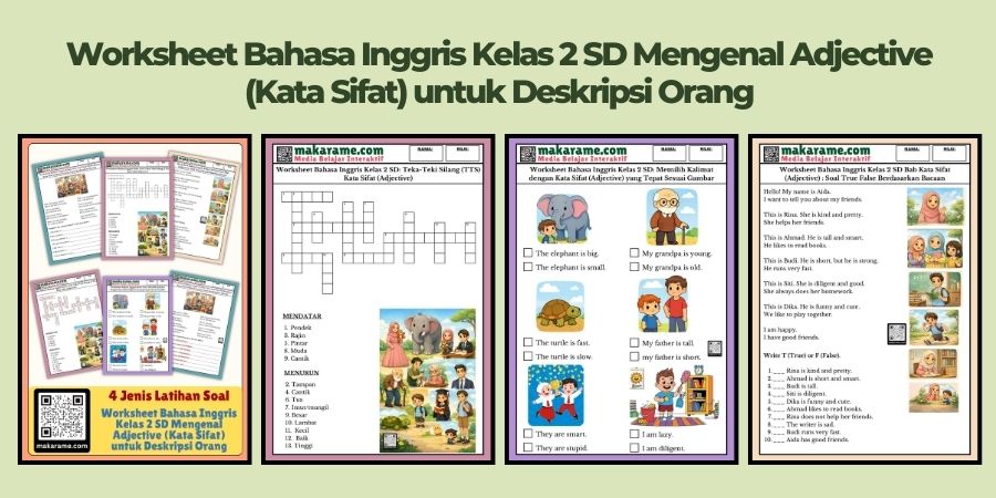 Worksheet Bahasa Inggris Kelas 2 SD Mengenal Adjective (Kata Sifat) untuk Deskripsi Orang