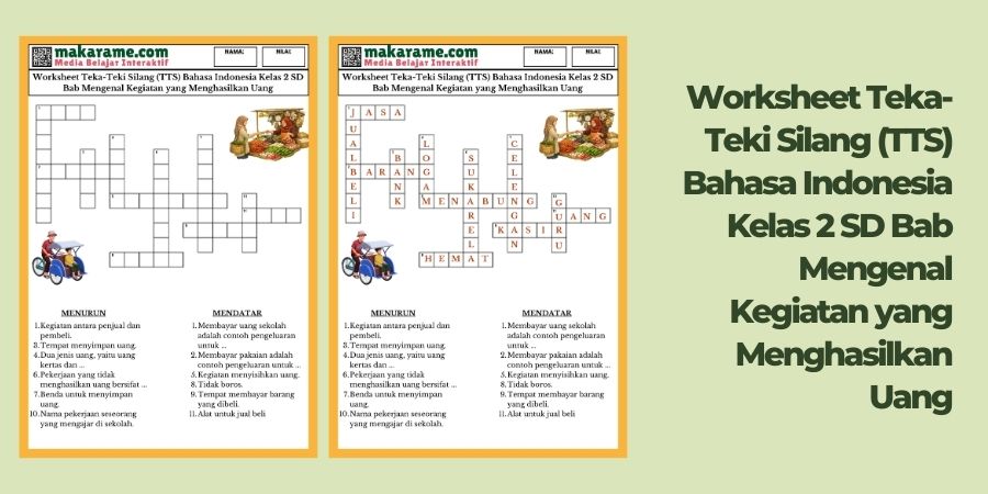 Worksheet Teka-Teki Silang (TTS) Bahasa Indonesia Kelas 2 SD Bab Mengenal Kegiatan yang Menghasilkan Uang