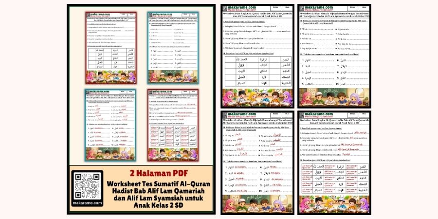 Worksheet Tes Sumatif Al-Quran Hadist Bab Alif Lam Qamariah dan Alif Lam Syamsiah untuk Anak Kelas 2 SD