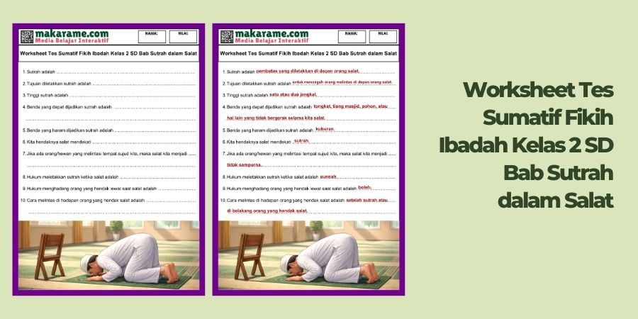 Worksheet Tes Sumatif Fikih Ibadah Kelas 2 SD Bab Sutrah dalam Salat