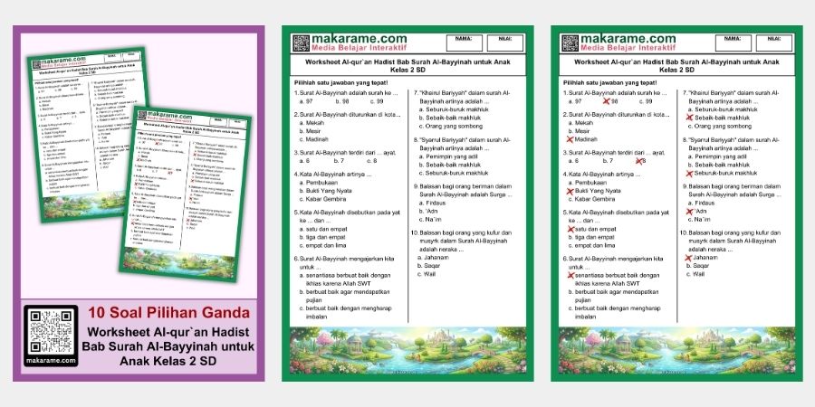 Worksheet Al-qur`an Hadist Bab Surah Al-Bayyinah untuk Anak Kelas 2 SD