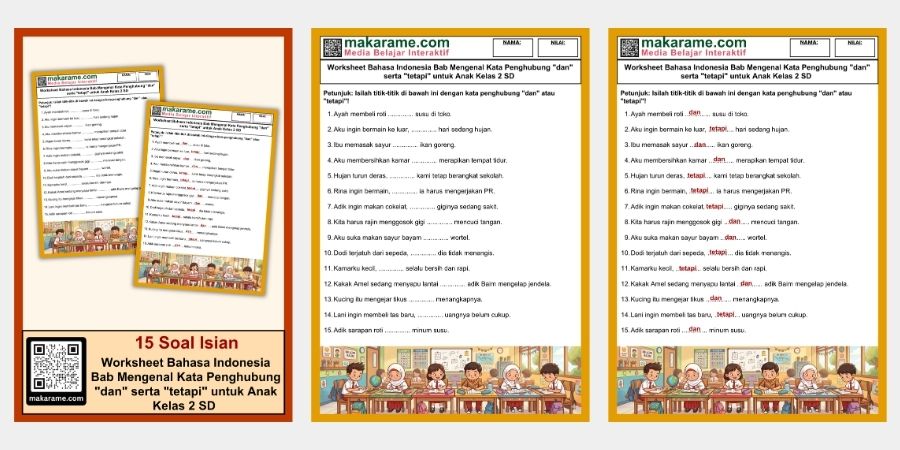 Worksheet Bahasa Indonesia Bab Mengenal Kata Penghubung “dan” serta “tetapi” untuk Anak Kelas 2 SD